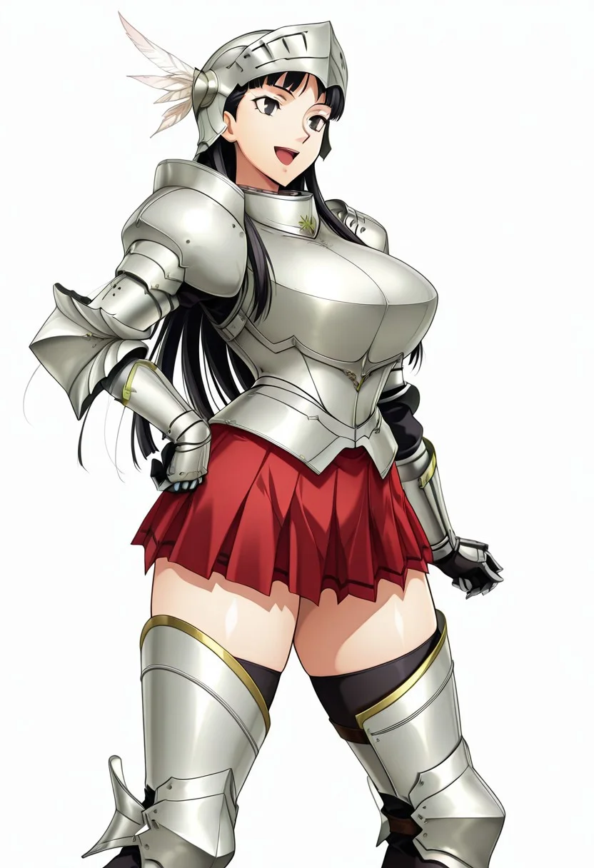 score_9,score_8_up,score_7_up,source_anime,5_figner,2d_animation,game cg,BREKE,1girl,solo,
p4amagi, Amagi Yukiko, long hair, black hair, bangs,
armor,gauntlets,breastplate,helmet,feathers,greaves,armored boots,zettai ryouik,black thighhighs,pleated skirt,red skirt,knight,
smile,openmouth,cowboyshot,standing,
huge breasts,thick hips,thick thighs,thick waist,disproportionate breasts,
curves,glamour,
simple background,white background,
masterpiece,best qualit,ultra-detailed,illustration,an extremely delicate and beautiful,beautiful detailed eyes,unity 8k wallpaper,high resolution,anime CG,official_art,Erotic_style, uncensored, anime_coloring, anime_screencap,