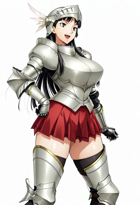 score_9,score_8_up,score_7_up,source_anime,5_figner,2d_animation,game cg,BREKE,1girl,solo,
p4amagi, Amagi Yukiko, long hair, black hair, bangs,
armor,gauntlets,breastplate,helmet,feathers,greaves,armored boots,zettai ryouik,black thighhighs,pleated skirt,red skirt,knight,
smile,openmouth,cowboyshot,standing,
huge breasts,thick hips,thick thighs,thick waist,disproportionate breasts,
curves,glamour,
simple background,white background,
masterpiece,best qualit,ultra-detailed,illustration,an extremely delicate and beautiful,beautiful detailed eyes,unity 8k wallpaper,high resolution,anime CG,official_art,Erotic_style, uncensored, anime_coloring, anime_screencap,