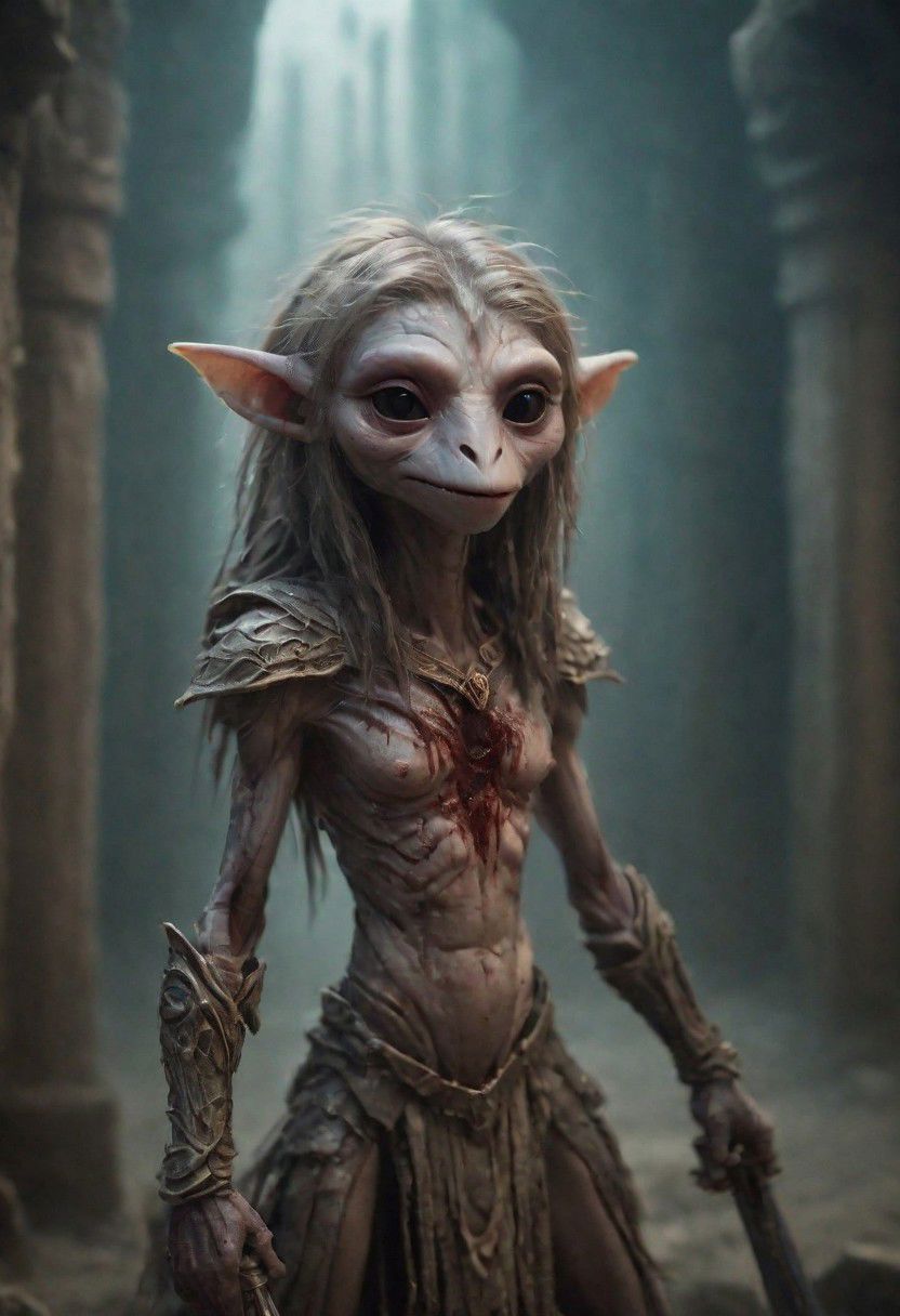 photography in the style of Labirynth and the dark crystal movies , close up of (cute) and (sweet) creature with a (small) sword stained with (blood), inside a claustrophobic ancient and ruined labirynth ,fantasy,hyper detailed, real skin imperfections, hard lighting, bokeh, ((curi:1.2))