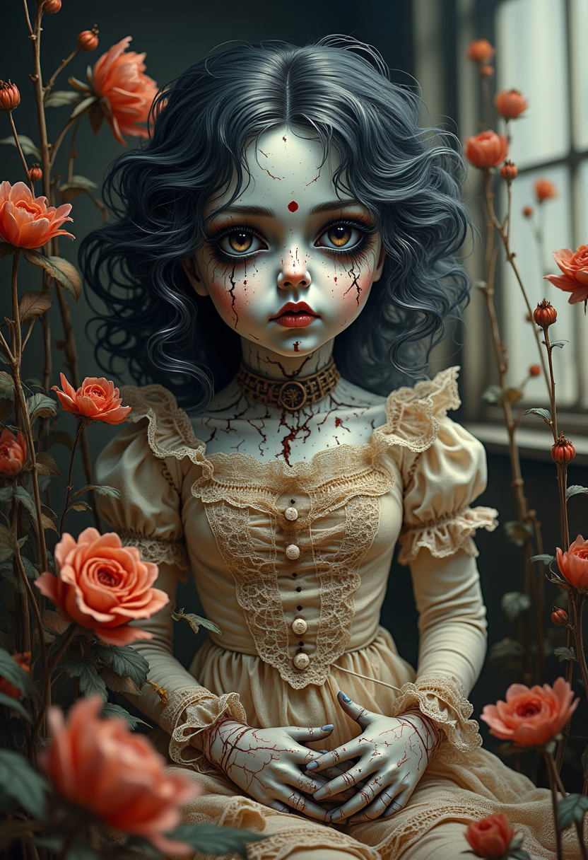 yfg-liqd, Vintage Photography: Featuring a distressed lace-clad, cracked and eerie porcelain doll with hollow black eyes, surrounded by soft, diffused light with intricate textures and vibrant colors. The scene should include a rich variety of elements, each contributing to the overall atmosphere. Lighting should be soft, diffused, and natural, enhancing the depth and realism of the scene. The mood is to be calm yet vibrant, creating a sense of serenity and wonder. Every detail in the scene should be meticulously rendered, emphasizing the contrast between light and shadow, and capturing the fine textures and subtle gradients. The color palette should be carefully chosen to evoke emotion, with each hue enhancing the aesthetic appeal of the overall composition. The final image should be immersive and captivating, drawing the viewer into its intricately detailed world.