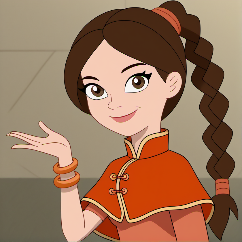1girl, solo, povenmirestyle2, long hair, brown hair, ponytail, braid, single braid, chinese clothes, bracelet, capelet, light smile, looking at viewer, toon \(style\), <lora:povenmirestyle2>, <lora:ty-lee-book2-ponyxl-lora-nochekaiser:0.8>,