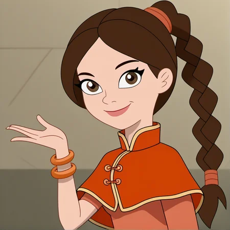 1girl, solo, povenmirestyle2, long hair, brown hair, ponytail, braid, single braid, chinese clothes, bracelet, capelet, light smile, looking at viewer, toon \(style\), <lora:povenmirestyle2>, <lora:ty-lee-book2-ponyxl-lora-nochekaiser:0.8>,