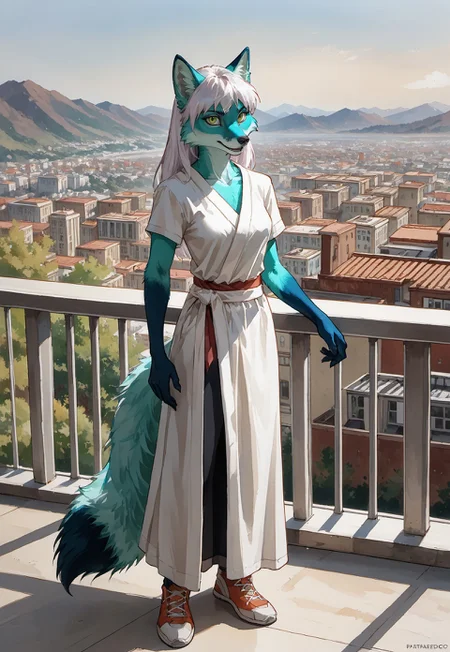 Anthropomorphic. Turquoise fluffy fox (full length), long white hair, (standing on the balcony (at dawn)), grinning, ready to fight. with green eyes and vertical pupils. woman. the traditional clothing of the Slavs. The Orphen sirius style. JuliaTDC Style~ArtS