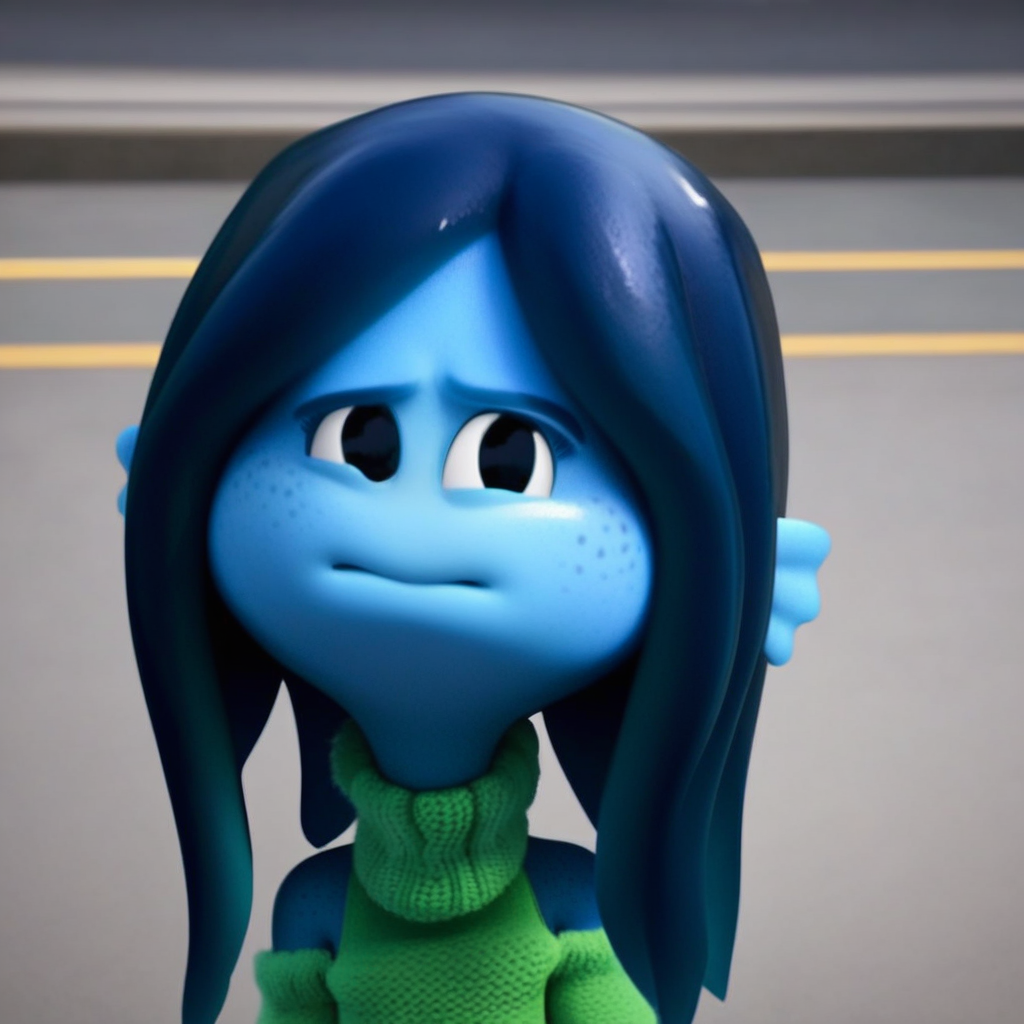 female anthro, Ruby, blue dress, freckles across face, blue tentacle hair, green sweater, finn ears, bare shoulders, noseless, blue skin kraken