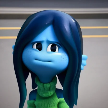 female anthro, Ruby, blue dress, freckles across face, blue tentacle hair, green sweater, finn ears, bare shoulders, noseless, blue skin kraken