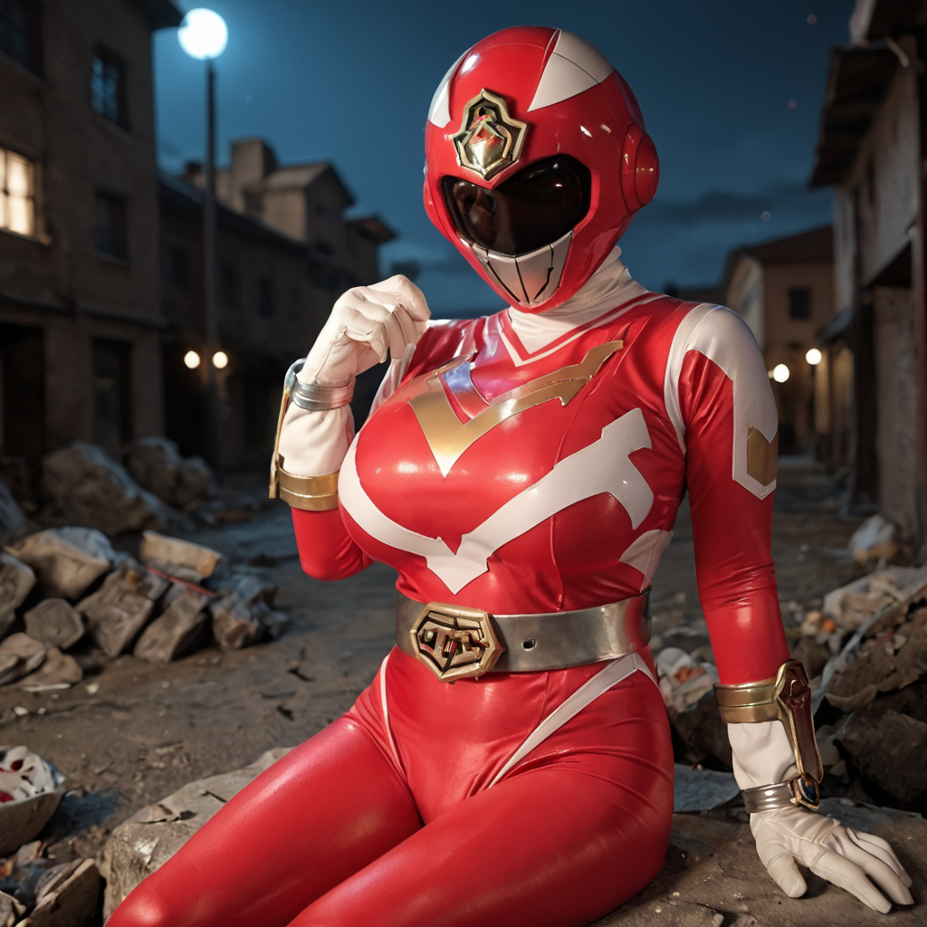20yo, score_9, score_8_up, score_7_up, shiny oild skin, 
sentaisaintforce, red bodysuit, silver belt, white gloves, spandex, wing-shaped chest symbol, gigantic breasts, helmet removed, no headwear, 
 city ruin, rubble, sitting, night, 
 <lora:Saint_Force:0.8>