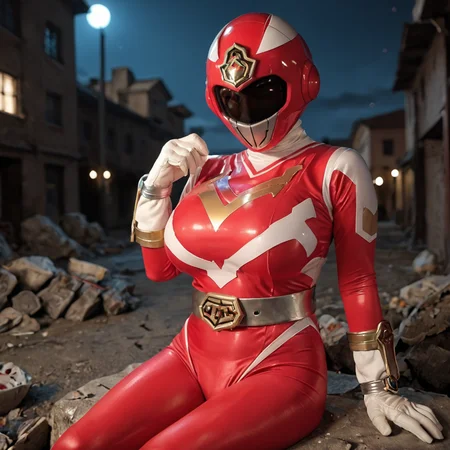 20yo, score_9, score_8_up, score_7_up, shiny oild skin,
sentaisaintforce, red bodysuit, silver belt, white gloves, spandex, wing-shaped chest symbol, gigantic breasts, helmet removed, no headwear,
city ruin, rubble, sitting, night,
<lora:Saint_Force:0.8>