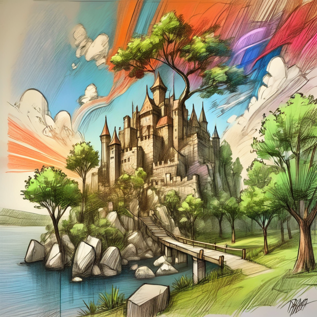 vextria sketch, sketch, landscape, castle on the rock, big dragon, trees and forest in the distance, colorful, very detailed <lora:vextria:1>