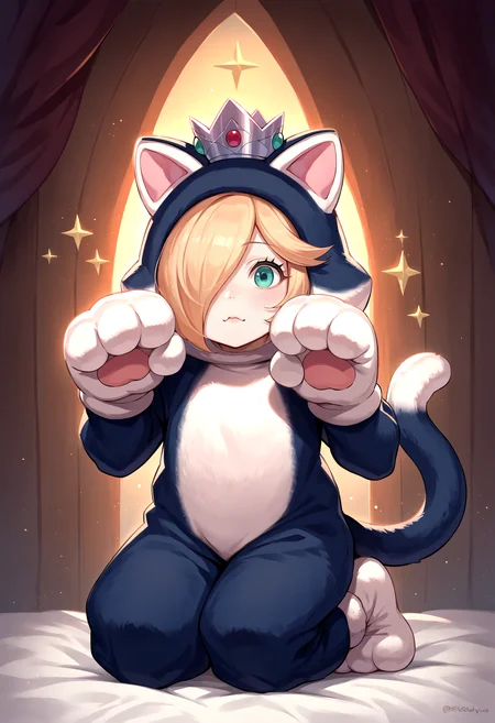 score_9, score_8_up, score_7_up, source_anime, 1girl, RslnCat, cat costume, cat ears, animal costume, animal hands, animal ears, cat tail, crown, animal hood, <lora:Rosalina_XLPD:1>, meowing, paw pose, kneeling,