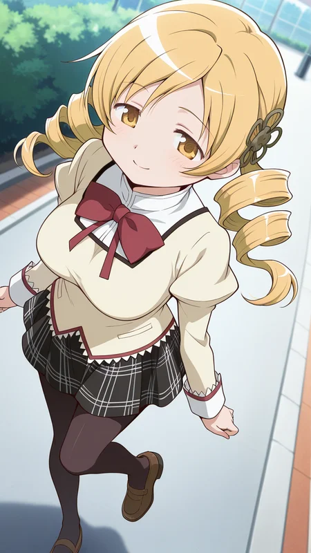 solo, smile, dynamic angle, outdoors,, masterpiece, best quality, amazing quality, very aesthetic, absurdres, newest, anime screencap, <lora:mamitomoeILM:1>, tomoe mami, yellow eyes, drill hair, twin drills, twintails, long hair, very long hair, blonde hair, hair ornament, breasts, large breasts, mitakihara school uniform, school uniform, red bow, red bowtie, flower hairpin, lace-trimmed shirt, yellow shirt, yellow sweater, mary janes, long sleeves, high collar, juliet sleeves, puffy sleeves, collared shirt, black skirt, plaid skirt, black pantyhose,