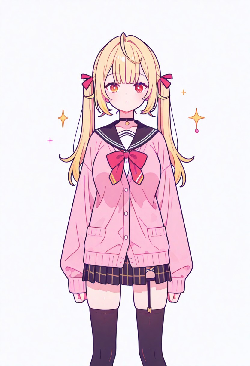 Flatline, Flat vector illustration, looking at viewer, full_body, 
nijisara, large breasts, heterochromia, red eye, yellow eye, blonde hair, ltwintails, hair ribbon, long sleeves, red bow, pink cardigan, black thighhighs, plaid skirt, red ribbon, black choker, garter straps, school uniform, 
beautiful breasts, slim, slender, fair skin, clear skin, beauty skin, smooth skin, shiny skin, beautiful legs, long legs, 
from front, front view, straight-on, look at viewer, standing, (legs apart:1.4), 
white background,