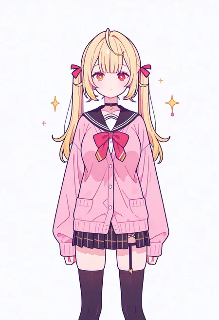 Flatline, Flat vector illustration, looking at viewer, full_body,
nijisara, large breasts, heterochromia, red eye, yellow eye, blonde hair, ltwintails, hair ribbon, long sleeves, red bow, pink cardigan, black thighhighs, plaid skirt, red ribbon, black choker, garter straps, school uniform,
beautiful breasts, slim, slender, fair skin, clear skin, beauty skin, smooth skin, shiny skin, beautiful legs, long legs,
from front, front view, straight-on, look at viewer, standing, (legs apart:1.4),
white background,