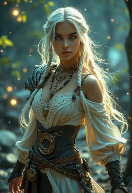 A mystical woodland fae warrior priestess channeling ancient magic in dynamic combat stance.
Physical Features:
- Luminous aqua-green eyes blazing with magical energy
- Platinum white braids flowing with magical wind
- Freckles glowing with inner power
- Expression fierce and determined
- Body poised in spell-casting stance
Outfit Breakdown:
- Battle-modified cream lace armor with protective sigils
- Off-shoulder design allowing full range of movement
- Ritual necklaces swirling with magical energy
- Wooden prayer beads emanating earth magic
- Stone beads crackling with power
- Leather cords weaving protective patterns
Color and Materials:
- Platinum hair radiating magical light
- Cream lace glowing with protective enchantments
- Wooden beads pulsing with nature magic
- Stone beads reflecting spell energy
- Leather cords trailing magical effects
- Magical aura in aqua and gold tones
Environment and Context:
- Ancient forest temple during ritual combat
- Swirling magical energies
- Dancing leaves and natural elements
- Stone circle activating with power
- Mystical sigils appearing in air
- Dynamic lighting from spell effects