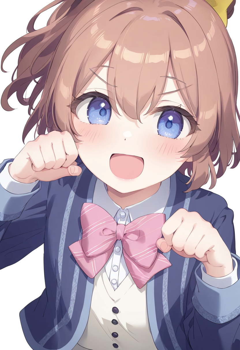 masterpiece,best quality,newest,very aesthetic,absurdres,highres,newest,year 2024,year 2023,artist:konya_karasue,artist:hoji(hooooooooji1029),michiking,artist:ningen_mame,mignon,[artist:kani_biimu],artist:ogipote,artist:sy4,noyu_(noyu23386566),
paw pose,cute,looking at viewer,smile,cowboy shot,upper body,xd,
<lora:hinata:1>,hinata_chinatsu\(ongeki\),blue eyes,brown hair,hair bow,hair between eyes,one side up,ponytail,high ponytail,pink bow,pink bowtie,blue jacket,school uniform,