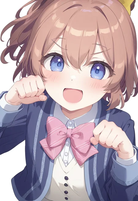 masterpiece,best quality,newest,very aesthetic,absurdres,highres,newest,year 2024,year 2023,artist:konya_karasue,artist:hoji(hooooooooji1029),michiking,artist:ningen_mame,mignon,[artist:kani_biimu],artist:ogipote,artist:sy4,noyu_(noyu23386566),
paw pose,cute,looking at viewer,smile,cowboy shot,upper body,xd,
<lora:hinata:1>,hinata_chinatsu\(ongeki\),blue eyes,brown hair,hair bow,hair between eyes,one side up,ponytail,high ponytail,pink bow,pink bowtie,blue jacket,school uniform,