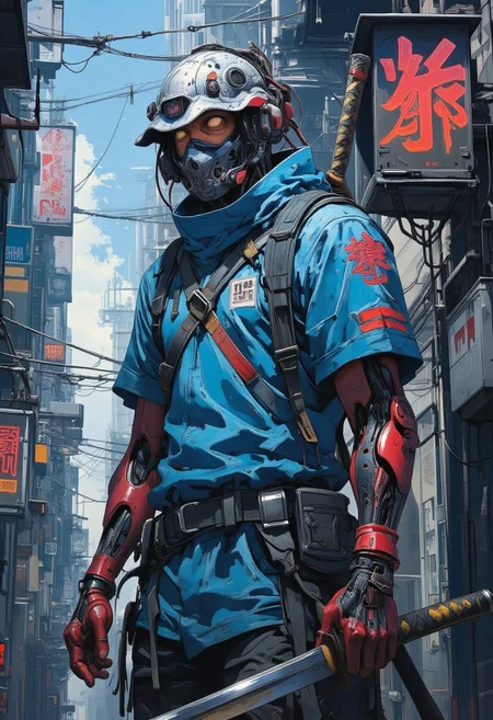 amazing cyberpunk anime artwork, thin lines, sharp,  (cyborg:.8)  man as ninja assassin with cybernetic implants. He is holding a katana.  Masculine, male, muscular, human, human face, red and black cybernetic arms
Lurking in the shadows of cyberpunk city background alley under neon lights<lora:BLUE_mk4_angel_FLUX_03:1.3> <lora:CPA:1>  <lora:FLUXEvolyzedV1:1>