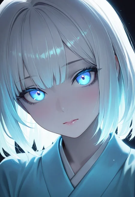 masterpiece,best quality,amazing quality, anime,
1girl, solo, A close-up of a serene anime girl with pale skin, colored skin, (white skin:1.3, long glossy white hair with bangs, long white hair, glowing blue eyes with a hypnotic effect, soft warm lighting, wearing a light blue kimono, mysterious and cozy atmosphere, detailed hair texture, cinematic lighting, dark background, ultra-detailed, 8k resolution