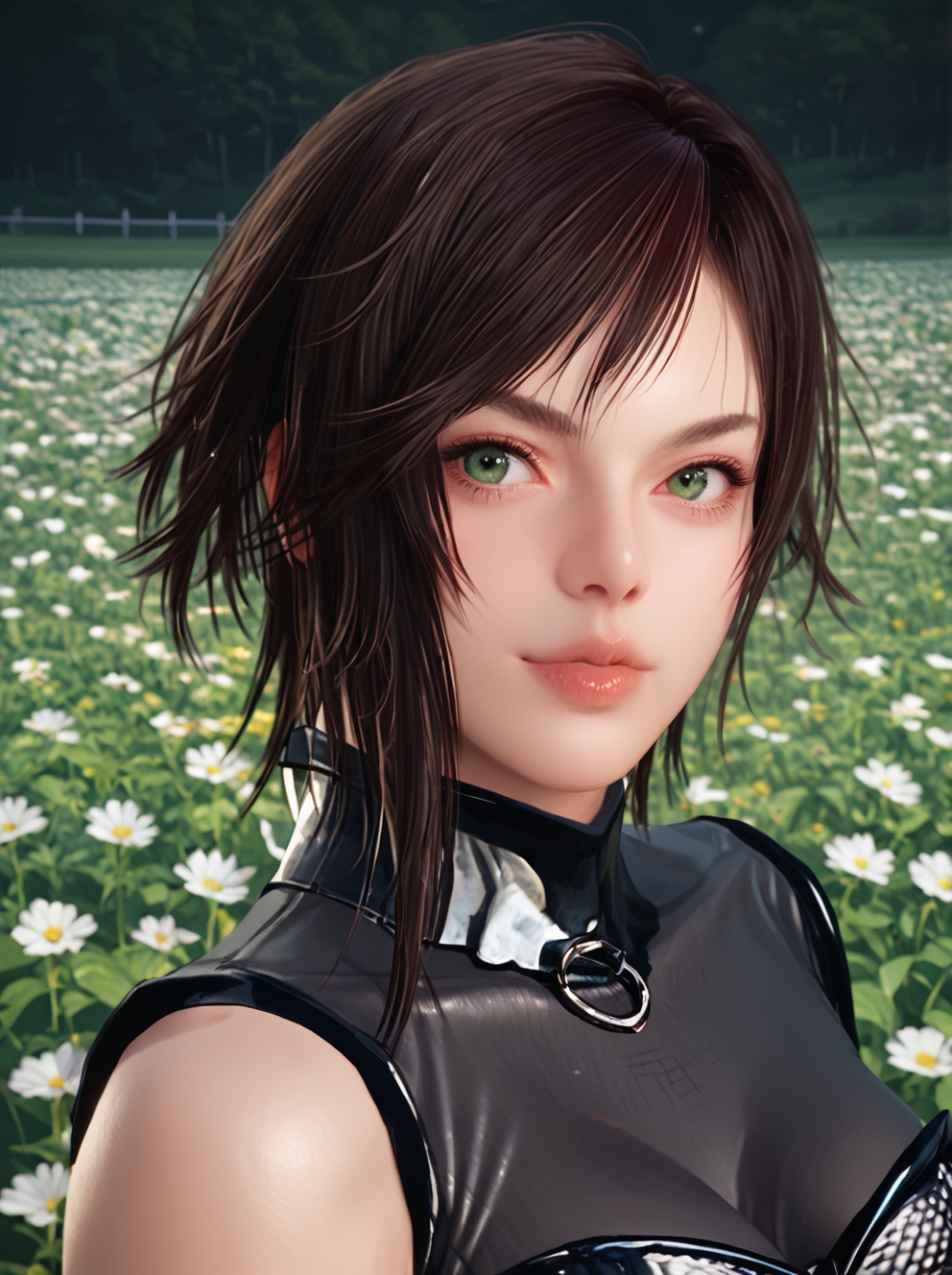 score_9, score_8_up, score_7_up, underlighting, 1girl,  skin tight ,   <lora:vellapony-FW:1> ,vellafw,  <lora:add-detail-xl:1> ,  cowboy shot, green eyes, short hair, close-up, flower field