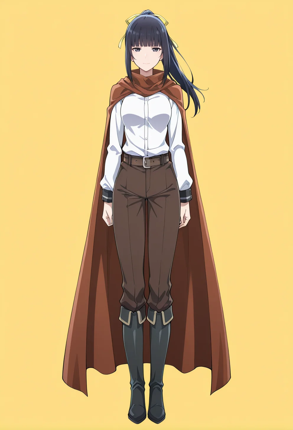 masterpiece, best quality,
1girl, solo, full body,
standing, straight-on,
looking at viewer, light smile,
simple background, yellow background,
<lora:Narberal_Gamma:1> N4rb3r4lG4mm4, black hair, ponytail, long hair, blunt bangs, black eyes,
cape, boots, hair ribbon, brown pants, white shirt, belt, black footwear,