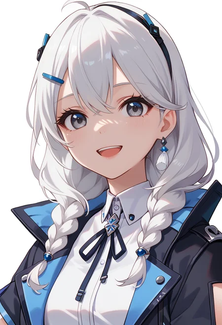 score_9_up,score_8_up,score_7_up,<lora:Leading lady -test_pony-000044:1>,solo,
LL_(NTE),grey eyes,long hair,hair ornament,twin braids,white hair,
black fingerless gloves,black jacket,white shirt,open jacket,
looking at viewer,closed mouth,white background,simple background,smile,close-up,portrait,upper teeth only