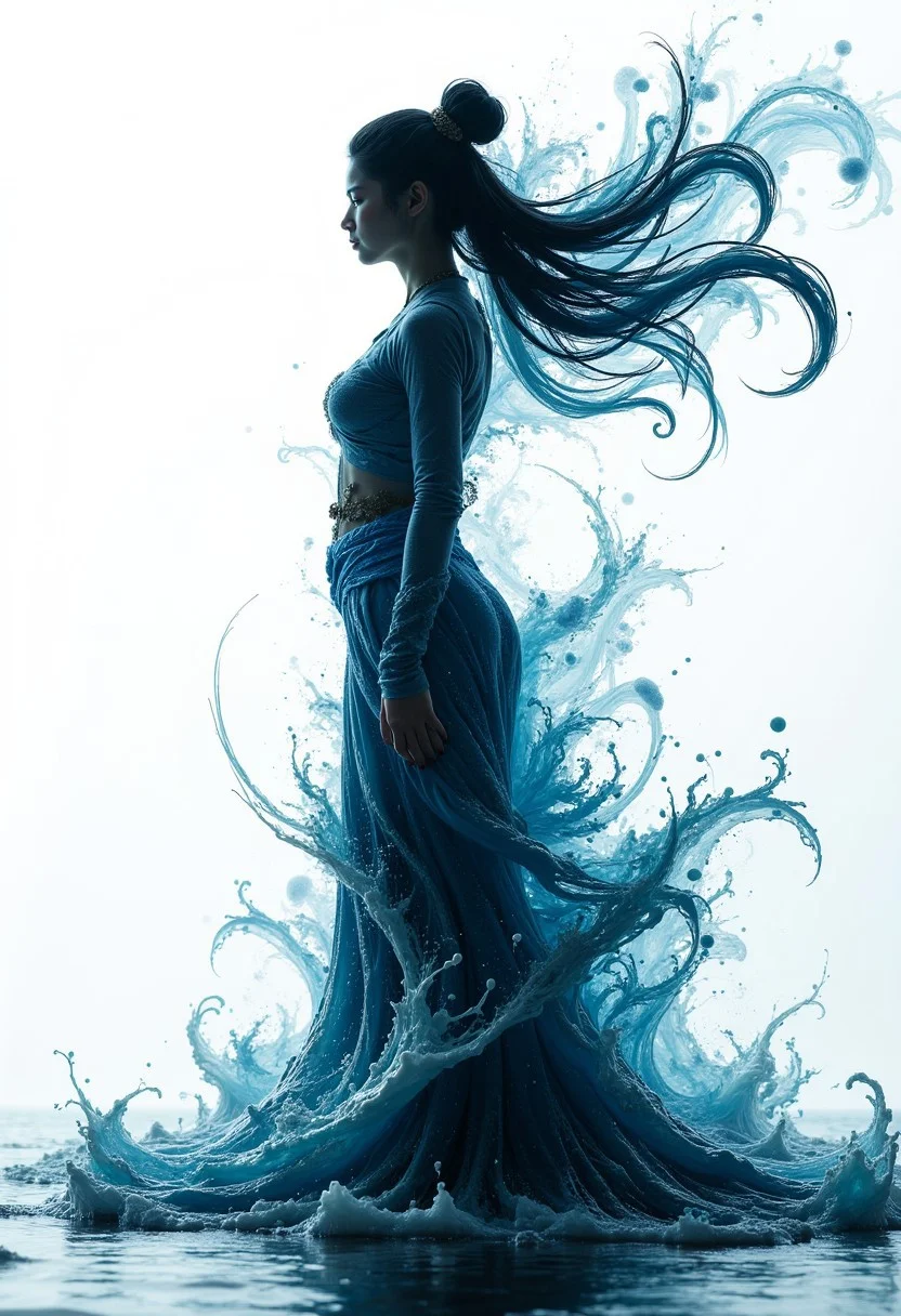 masterpiece, double exposure, silhouette of a stunning Japanese water spririt woman, filled with an ocean wave, highest definition, HD32K, wallpaper, crisp lines, double exposure background, hyperdetailed, concept art