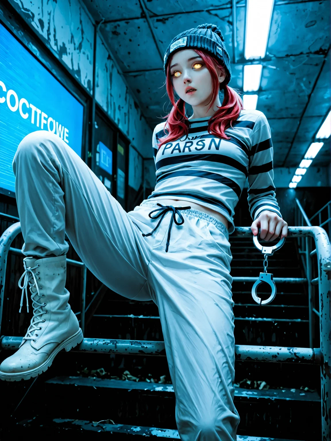amazing quality, very aesthetic, detailed eyes, perfect eyes, realistic eyes, masterpiece, best quality, perfect lighting, vibrant, detailed, ultra-detailed, realistic, detailed skin, skin pores, real skin, BREAK. , 21yo, (desirable prison inmate) 28yo , Medium build, medium red pigtails hair, thai, light skin, light brown eyes, wearing light blue prison uniform with long-sleeve shirtwith prisoner number, drawstring pants, plain beanie, white boots, wearing handcuffs, set in crowded prison mess hall, with loud chatter and the clatter of trays as inmates eat their meals, . Leaning back with hands stretched out, irritated expression, rolling eyes, pursed lips, BREAK. dynamic background, dynamic angle, dynamic view, low angle, (side view:0.8), front view, (fast motion), motion blur, .BREAK, <lora:moonlight style:1> moonlight style, blue light, 5600k, Cool white light style, perfect night detailed background style, blue theme, cinematic dark night style,