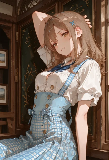 perfect quality,high quality,masterpiece,best quality,amazing quality,very aesthetic,Cinematic Lighting,newest,Tactical use of shadow,
looking at viewer,from side,head tilt,leaning back,cowboy_shot,looking_down,Grimace,
MariyaMikhaylovna Cyql,1girl,solo,brown hair,long hair,hair ornament,brown eyes,
sitting_backwards,arm_behind_head,
(waitress:1.2),(light-blue gingham-check suspender-skirt:1.4),(long skirt:1.2),(white blouse:1.3),((double-breasted, underbust):1.2),(solid-blue bow-tie:1.3),(short sleeves, button gap),
usnr,748cmstyle,<lora:USNR STYLE_XL_loha:0.45>,<lora:DarkerThanBlackIllustrious:0.5>,<lora:spo_sdxl_10ep_4k-data_lora_webui:0.6>,<lora:illustrious_all_rated_v1:0.7>,<lora:748cmSDXL:0.8>,<lora:illustrious_quality_modifiers_masterpieces_v1:0.9>,<lora:Mariya Mikhaylovna_Illustrious by Cyql:1>,