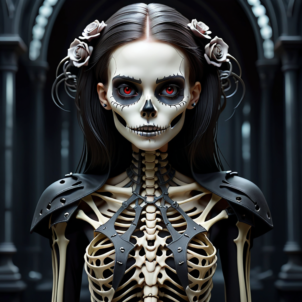 intricate ohoto of a skeleton girl, vampire clothing, cyberpunk style, gothic art