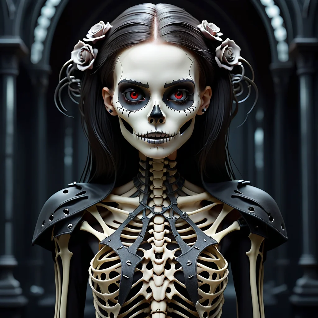 intricate ohoto of a skeleton girl, vampire clothing, cyberpunk style, gothic art