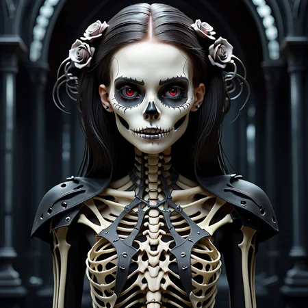 intricate ohoto of a skeleton girl, vampire clothing, cyberpunk style, gothic art