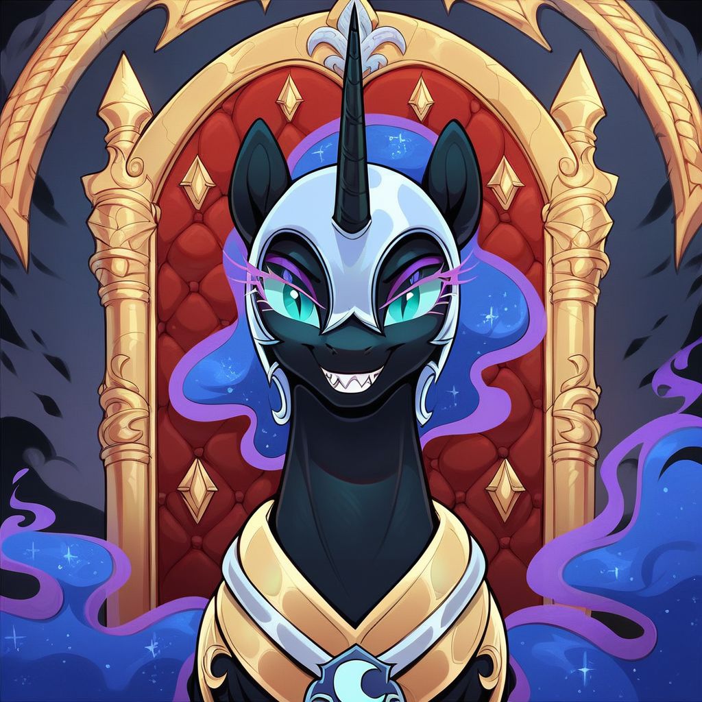 score_9, score_8_up, score_7_up, score_6_up, score_5_up, score_4_up, Nightmare moon From "Equestria at War", pony, alicorn, g4, Female, Feral, Portrait of a leader, Ruler of the Lunar Empire, (Athletic1.2), Burning eyes, Looking At Viewer, Terrifying sadistic smile, Sharp teeth, Throne Hall Interior, Extreme Detailed Background, Tail, the quality of ai art is frightening