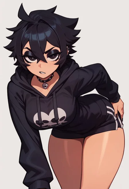 score_9, score_8_up, score_7_up, 1woman, anime, hentai, official art, light skin, break mixxxed, black hair, goth, boxy figure, bending forward, makeup, hoodie, thin, curvy, thighs, simple background, 8k detail, pov front on