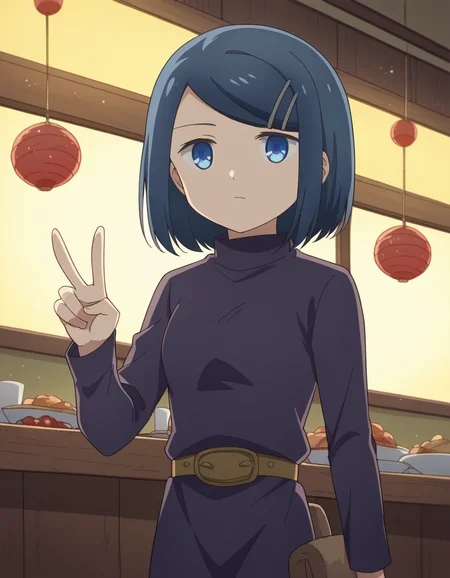 score_9, score_8_up, score_7_up, source_anime, <lora:dungeonpeople-clay-s1-ponyxl-lora-nochekaiser:1>, clay, short hair, blue eyes, black hair, hair ornament, blue hair, hairclip, swept bangs,, dress, belt, long sleeves, turtleneck,, restaurant, laughter, good food, warm lighting, celebration, , , v, v over eyes,, solo,, cowboy shot, dutch angle