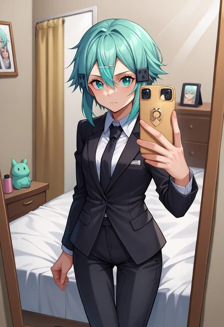 score_9, score_8_up,score_7_up, source_anime, 1girl, <lora:EPsoaSinonPony-04:1.0>, EPsoaSinon, short hair, aqua hair, aqua eyes, hair between eyes, hair ornament, hairclip, sidelocks, small breasts, business suit, black pants, white collared shirt, black suit, black jacket, black necktie, selfie, taking picture, mirror selfie, bedroom, bed, mirror,