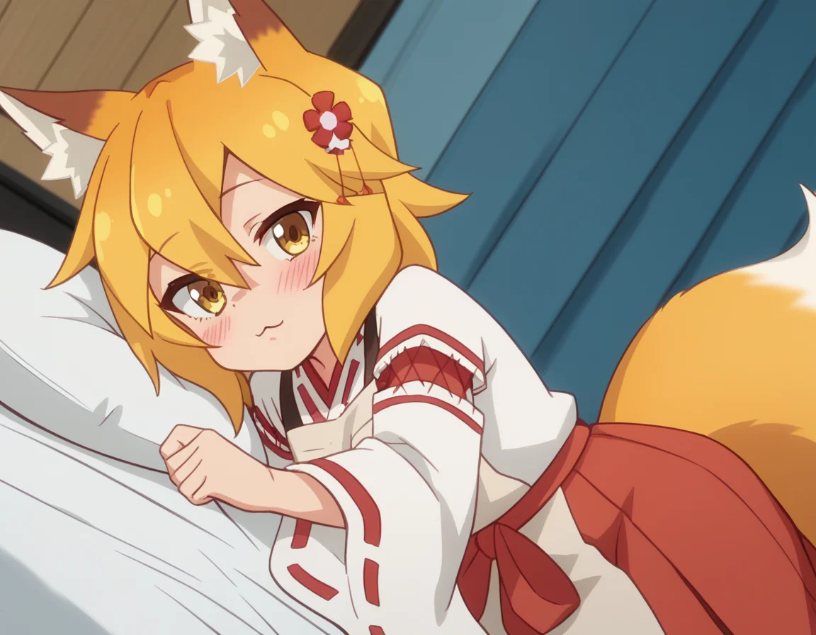score_9, score_8_up, score_7_up, source_anime,
kitsunesenko, <lora:kitsune-senko-s1-ponyxl-lora-nochekaiser:1>,
senko, bangs, blonde hair, hair ornament, animal ears, hair between eyes, yellow eyes, flower, hair flower, animal ear fluff, fox ears, red flower, fox girl,
long sleeves, tail, japanese clothes, wide sleeves, kimono, apron, ribbon trim, hakama, hakama skirt, ribbon-trimmed sleeves, white kimono, miko, brown apron,
indoors, bed, bed room, on side, blush, drunk,
solo, dutch angle, looking at viewer, cowboy shot,