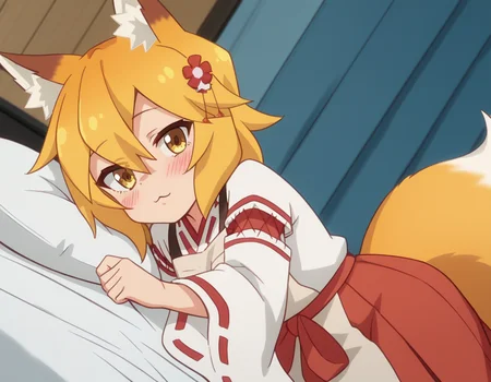score_9, score_8_up, score_7_up, source_anime,
kitsunesenko, <lora:kitsune-senko-s1-ponyxl-lora-nochekaiser:1>,
senko, bangs, blonde hair, hair ornament, animal ears, hair between eyes, yellow eyes, flower, hair flower, animal ear fluff, fox ears, red flower, fox girl,
long sleeves, tail, japanese clothes, wide sleeves, kimono, apron, ribbon trim, hakama, hakama skirt, ribbon-trimmed sleeves, white kimono, miko, brown apron,
indoors, bed, bed room, on side, blush, drunk,
solo, dutch angle, looking at viewer, cowboy shot,