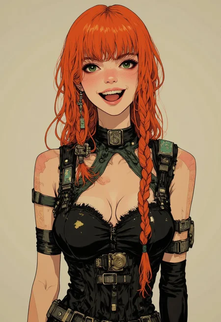 in the style of cksc, beautiful woman flirting, looking at viewer, (laughing), (((pale skin))), orange hair, freckles, long braided hair, big green eyes, (((skin-tight jumpsuit))), ((cybernetics)), ((fishnet clothing)), cyberpunk background.