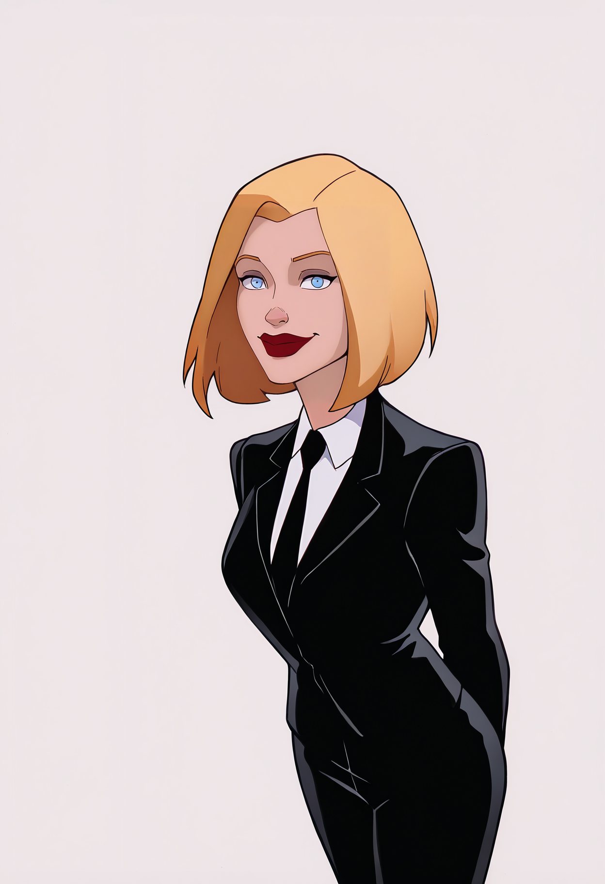 masterpiece, best quality, very aesthetic, absurdres,
1girl, agentl, blonde hair, short hair, blue eyes, red lips,
black jacket, formal, suit, necktie, white shirt,
arms behind back,
smile, solo, looking at viewer, (simple background, white background:1.3),  <lora:AgentLNoobXL_byKonan:1>
