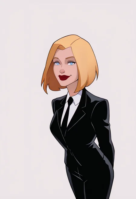 masterpiece, best quality, very aesthetic, absurdres,
1girl, agentl, blonde hair, short hair, blue eyes, red lips,
black jacket, formal, suit, necktie, white shirt,
arms behind back,
smile, solo, looking at viewer, (simple background, white background:1.3),  <lora:AgentLNoobXL_byKonan:1>