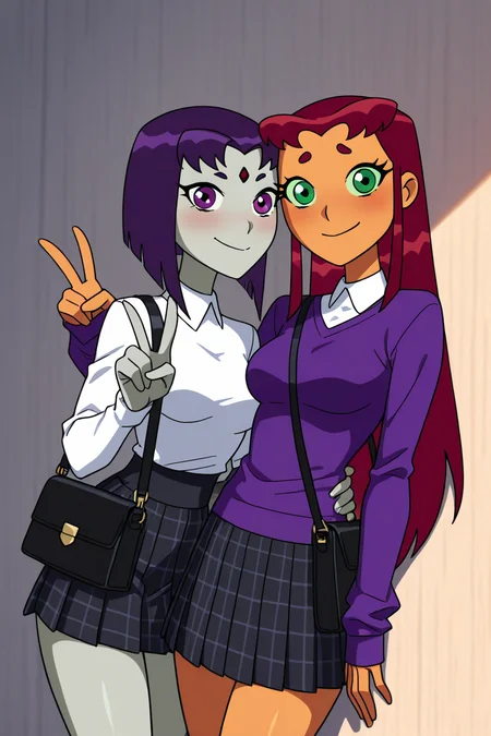 masterpiece, best quality, strfr, rvn, raven (dc), starfire, dc comics, 2girls, colored skin, green eyes, grey skin, medium breasts, orange skin, purple eyes, purple hair, red hair, short hair, smile, against a wall, closed mouth, alternate costume, smile, looking at viewer, collared shirt, blush, sweater, black skirt, eyelashes, long sleeves, sleeves past wrists, plaid skirt, shoulder bag, black bag, pleated skirt, white shirt, cowboy shot, (v), ,<lora:TTitansStyleIXL:1.0>,