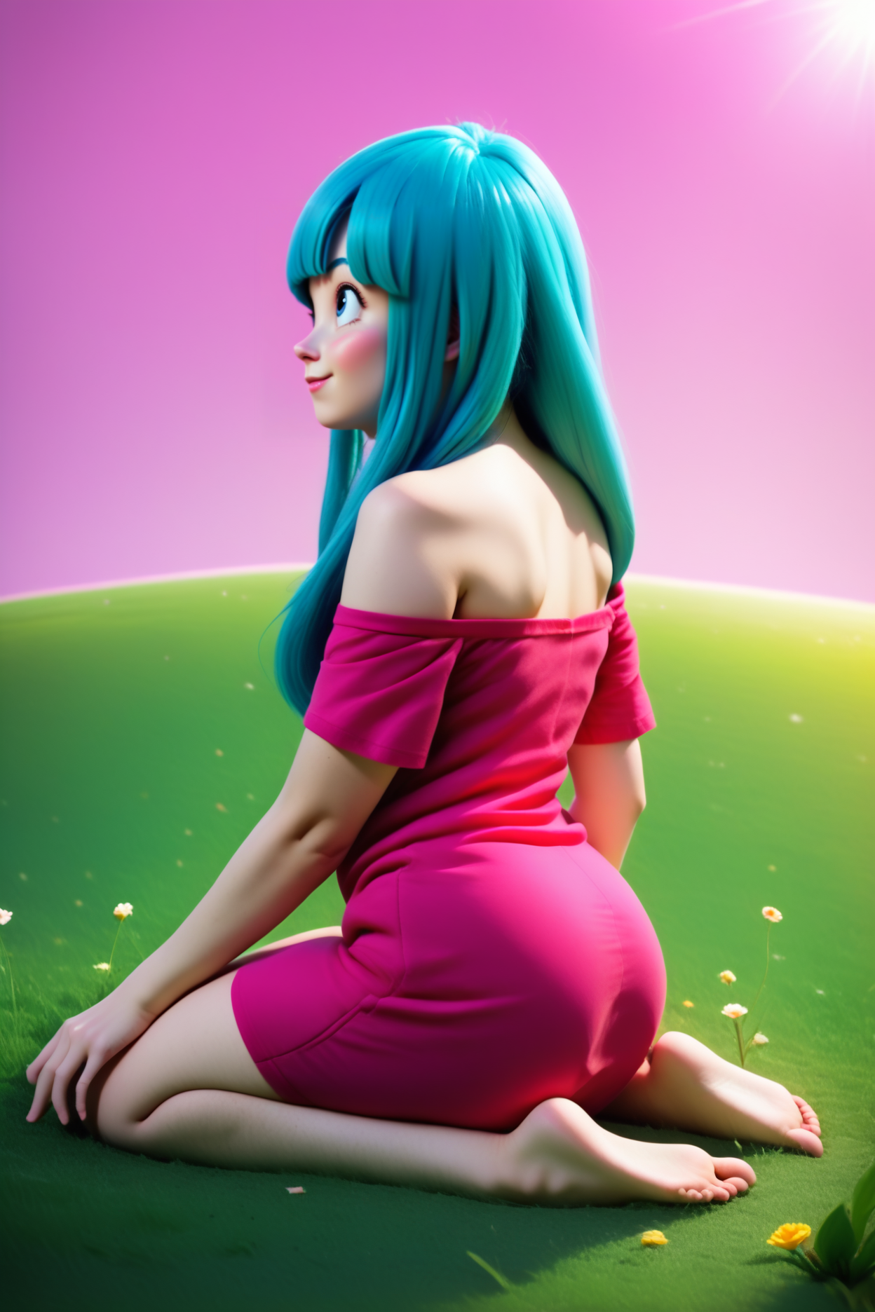 score_9, score_8_up, score_7_up, score_6_up, score_5_up,score_4_up,  maron, 1girl,solo, aqua hair, blue eyes, bangs, long hair,pink short dress, off shoulder, short sleeves, kai planet, grass, pink sky,flower,road, happy, closed mouth, from side, sitting, seiza,realistic,kneeling, 3d,looking up,tree,  <lora:MaronPony:1> <lora:OtherworldPony:1>