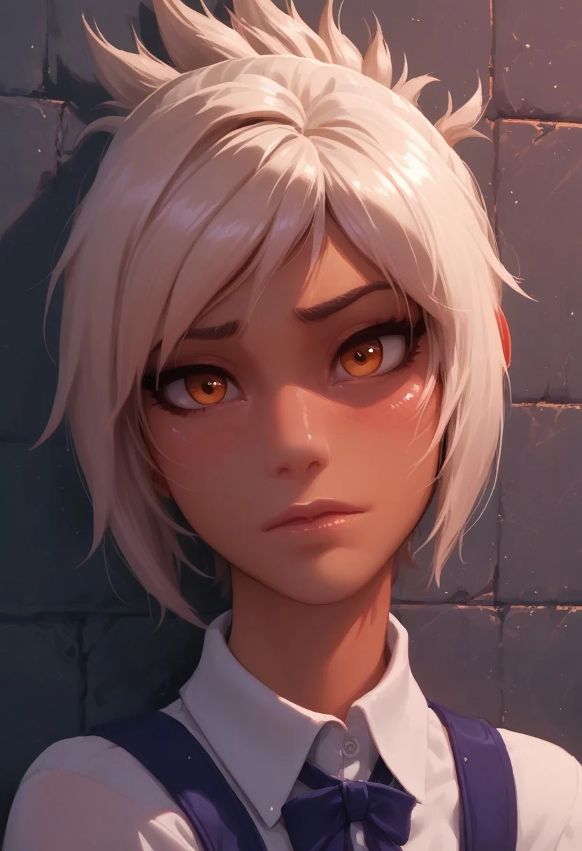 masterpiece,best quality, highly detailed, score_9, score_8_up, score_7_up, score_6_up,source_anime, perfect eyes, 1girl, Riven, tan, school outfit, blush, shiny skin, short hair,wall in the background, close-up, portrait, looking at viewer, nervous