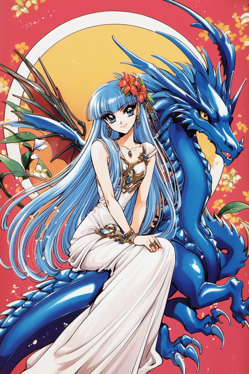 Ryuuzaki Umi, 1girl, long hair, dress, blue eyes, dragon, 1990s \(style\), ring, flower, jewelry, retro artstyle, smile, bracelet, white dress, hair ornament, hair flower, sitting, blue hair, solo,<lora:Magic knight Rayearth_XL:0.8>,