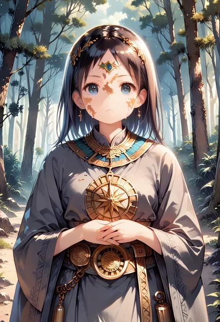 score_9, score_8_up, score_7_up, 1girl, FujisakaLP, high definition eyes, (masterpiece), (best quality), (ultra detailed),(illustration), beautiful girl in gray robe standing in the dark forest, epic style, octane render, desert composition, beautiful face, hyperrealistic, oil on canvas, award-winning, masterpiece,