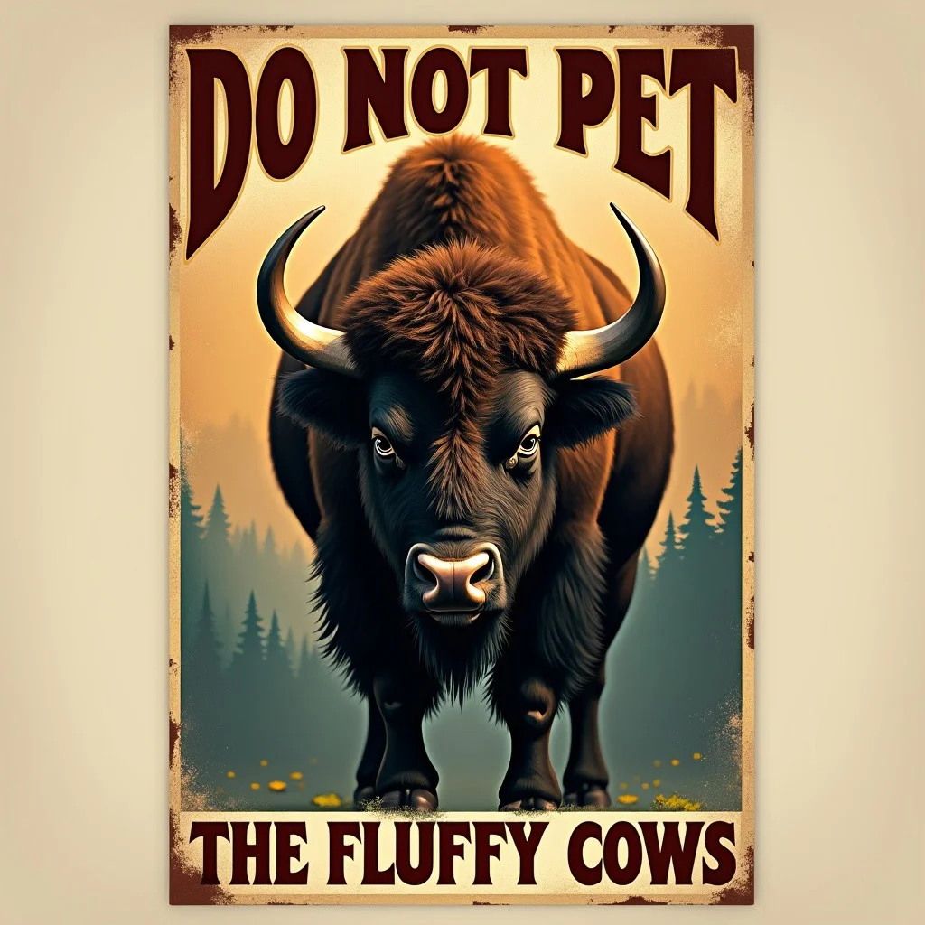 vintage-style travel poster with 'DO NOT PET' in large, art deco lettering at the top. A menacing bison snorting and looking at the viewer, in the center.
At the bottom, 'THE FLUFFY COWS' in large, art deco lettering.