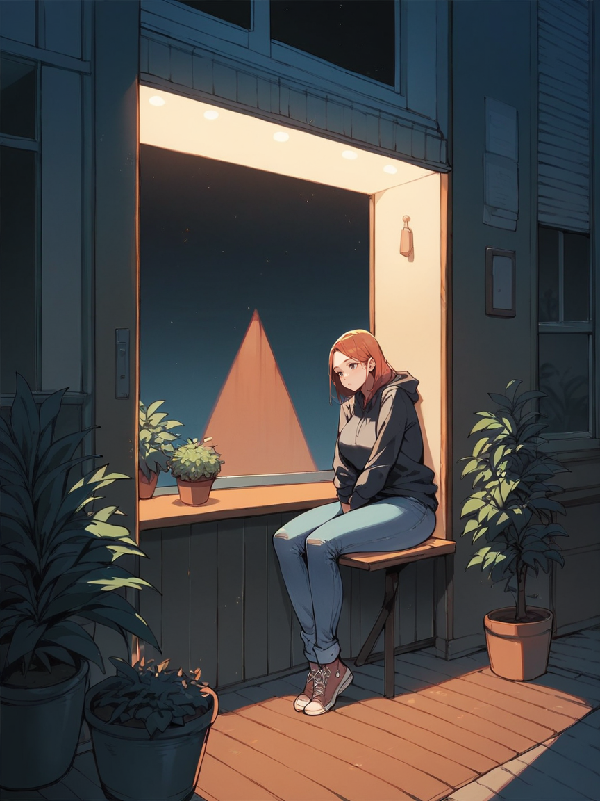 score_9, score_8_up, score_7_up, score_6_up,  <lora:d4rkv1b3XLP:0.9> d4rkv1b3, dark, night, 1girl, sitting, potted plant, deck, curvy, jeans, hoodie