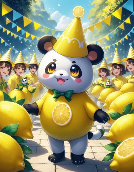 wl_lemons, cute, anime, yellow theme, <lora:When_Life_Gives_You_Lemons:1>, best quality, high quality, masterpiece, lemon panda, outdoors, party hat, personification, anthropomorphic, pokemon \(creature\),