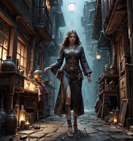 RAW photo, (masterpiece:1.3), subsurface scattering, heavy shadow, (high quality:1.4), (intricate, high detail:1.2), professional photography, HDR, High Dynamic Range, realistic, ultra realistic, photorealistic, high resolution, film photography, ambient lighting, atmospheric effects, <lora:detail_slider_v4:2>, OverallDetail, female alchemist, walking outside in a dark alley, intricate robes, belt with potions, holding grenade, <lora:Alchemist-10:0.55>