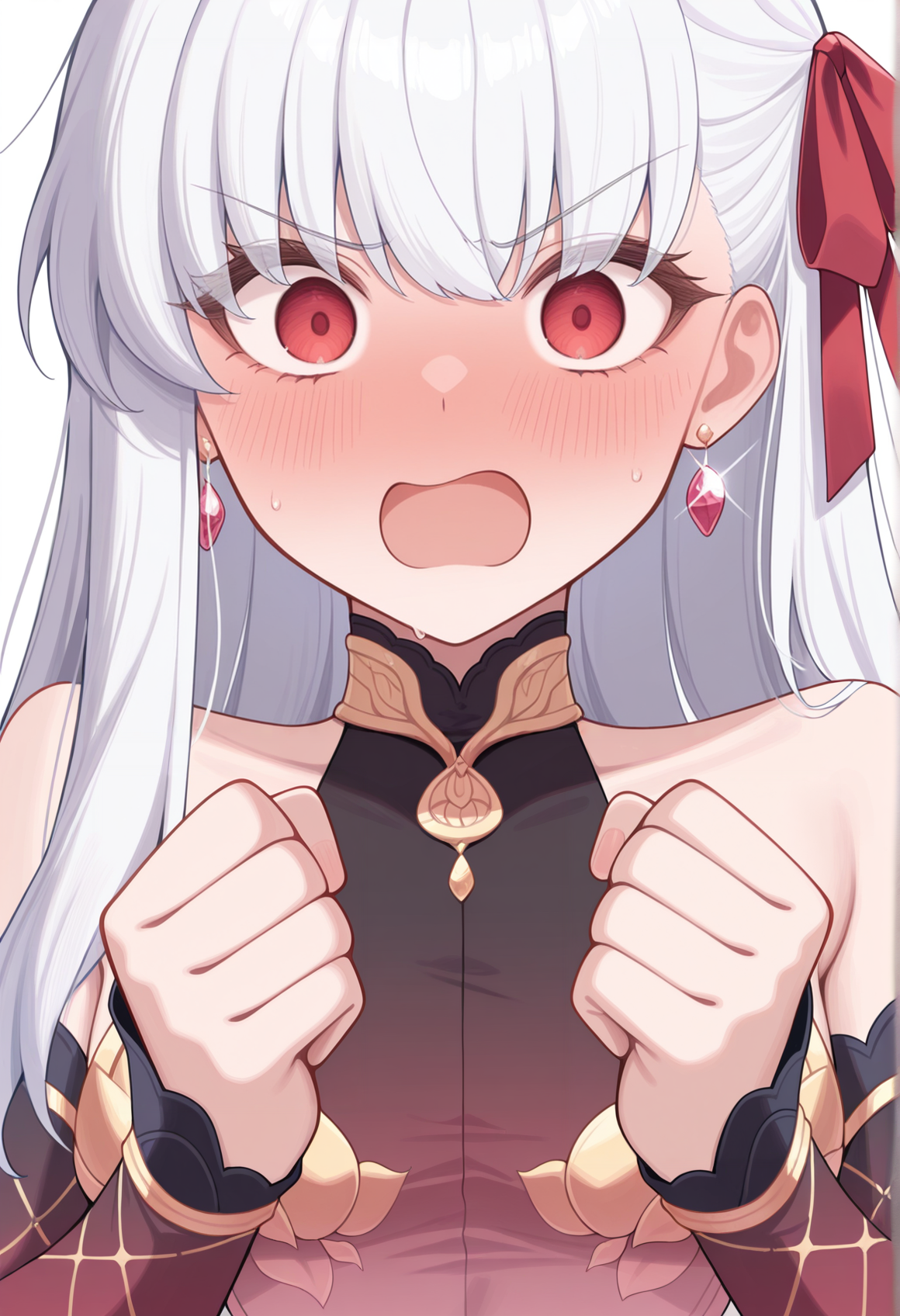 1girl, solo, long hair, white hair, red eyes, hair ribbon, earrings, jewelry, bare shoulders, pelvic curtain, see-through, detached sleeves, clenched hands, surprised, blush, embarrassed, portrait, close-up, looking at viewer, annoyed <lora:kama:1>, masterpiece, best quality, amazing quality, very aesthetic, absurdres, highres, newest
