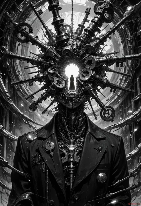 A figure stands in eerie stillness, their face replaced by a keyhole—an empty void where eyes and mouth should be. Shadows swirl within the hollow space, hinting at something unseen beyond. The longer one stares, the more the keyhole seems to shift, as if inviting—or warning—of what lies on the other side. The background is a chaotic blend of twisting doorframes and floating keys, suspended in an impossible dreamscape where identity is both locked away and waiting to be unlocked.